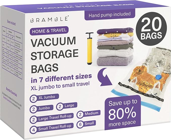 Bramble - 20 Pack Vacuum Storage Bags for Clothes - Extra Large Vacuum Bags for Duvets - Travel Space Saver Pack - Includes 7 Different Durable Sizes & Hand Pump Airtight Valve