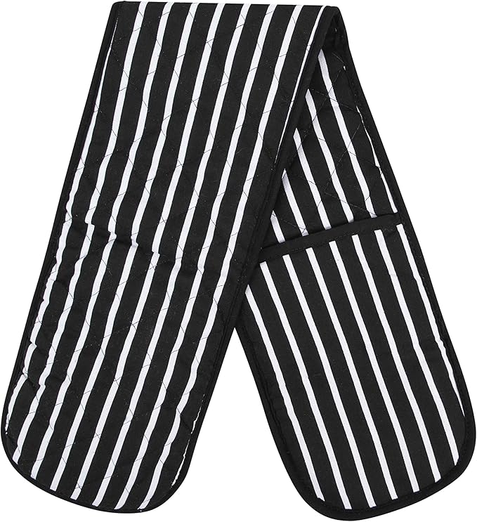Butcher Stripe Double Oven Gloves Quilted Heavy Duty Cooking Potholder Heat Resistant Mitt 18x90cm (Black)
