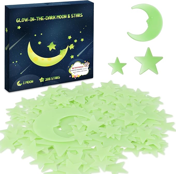 Glow in The Dark Stars for Ceiling - 205PCS Stars & 1 Moon for Kids Bedroom, Baby Room Nursery - Safe, Removable & Reusable