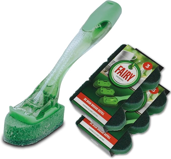Addis Fairy Soap Dispensing Non Scratch Sponge Scourer Dish Brush with 6 Pack of Spare Replacement Refill Heads, Green & Clear, One Size