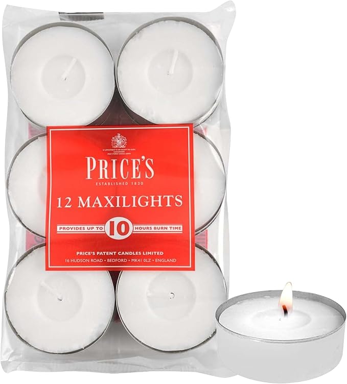 Price's - Maxi Tealights - Pack of 12 - Unscented - 10 Hour Burn Time - Quality White Wax[Energy Class A]