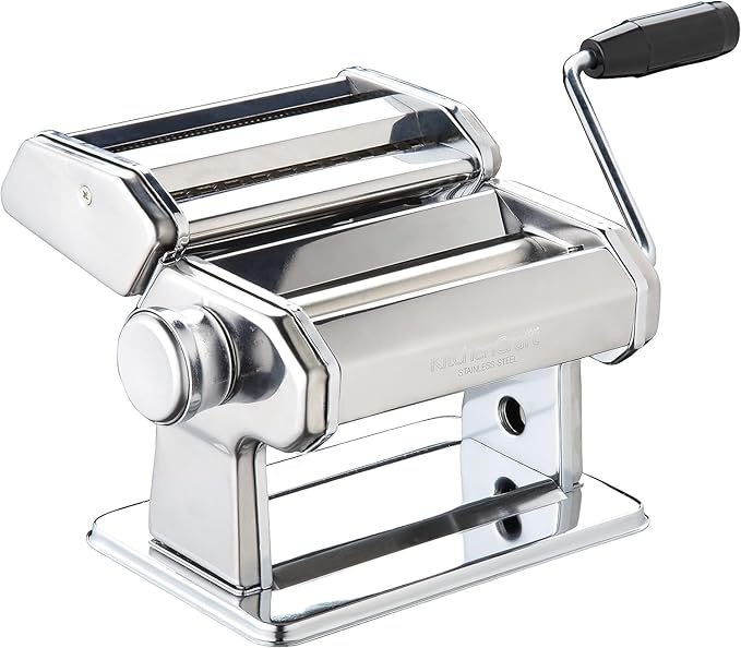 KitchenCraft World of Flavours Pasta Maker, Manual Pasta Machine with 9 Adjustable Thickness, Italian Deluxe Double Cutter, Stainless Steel
