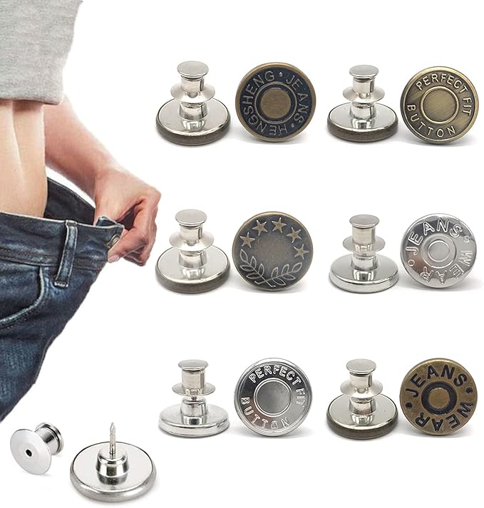 6 Pcs Buttons for Jeans,Adjustable Pant Waist Tightener,No Sew and No Tools Instant Jean Button Pins for Pants, Simple Installation, Reusable and Adjustable (Style 1)