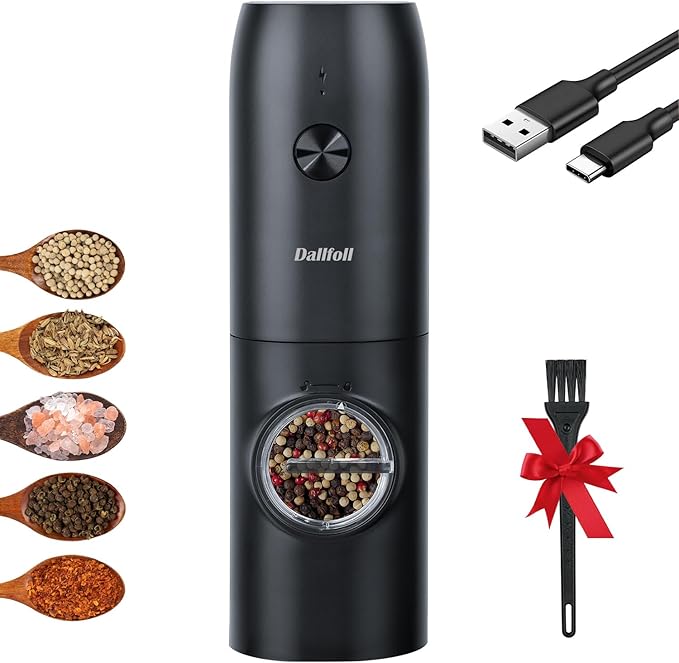 Dallfoll Electric Salt and Pepper Grinder, Rechargeable Salt and Pepper Mills with LED Light, Adjustable Grind Coarseness