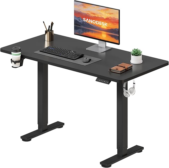SANODESK Electric Standing Desk ONE PIECE 110 * 54 Height Adjustable Desk With Memory Smart Panel Sit Stand Table With Hooks and Cupholder for Home Office（Black Frame+ Black Desktop