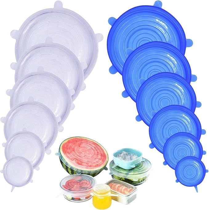 Silicone Stretch Lids, 12 Pack of Silicone Food Covers, BPA and Expandable to Fit Various Shape of Containers, Dishes, Bowls, Safe in Dishwasher, Microwave and Freezer