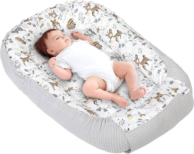 Medi Partners Baby Nest Pod for Newborn Babynest Sleep Bed - 100x60x15 Lounger Essentials 0-12 Months sleeping bilateral Cocoon 100% Cotton Waffle (Deer with grey Waffle)