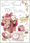 Special Friend 70th Birthday Card for Her - Age 70 - Feminine Floral Design - Special Finishes - Illustrated Insert Leaf - Made in the UK