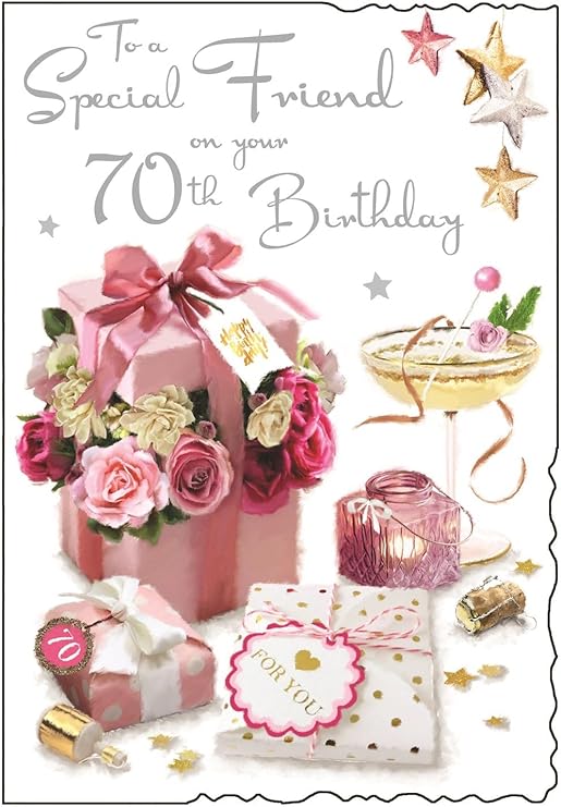 Special Friend 70th Birthday Card for Her - Age 70 - Feminine Floral Design - Special Finishes - Illustrated Insert Leaf - Made in the UK