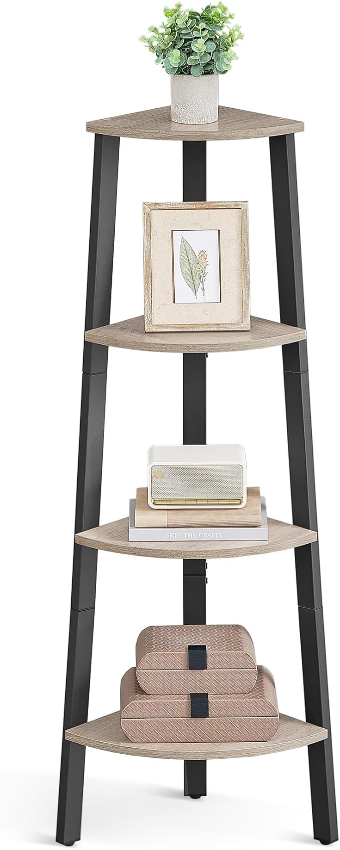 VASAGLE Corner Shelf Unit, 4-Tier Corner Shelf, Ladder Shelf for Living Room, Bookshelf or Plant Stand, Industrial Accent Furniture, Greige and Black LLS034M01