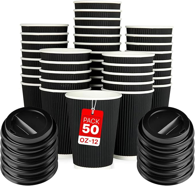 Zuvo [50 Pack Takeaway Coffee Cups with Lids | Disposable Insulated Triple Wall Ripple Kraft Paper Coffee Cups for Takeaway Coffee, Tea or hot Liquids | Pack of 50 (12 Oz.), Black