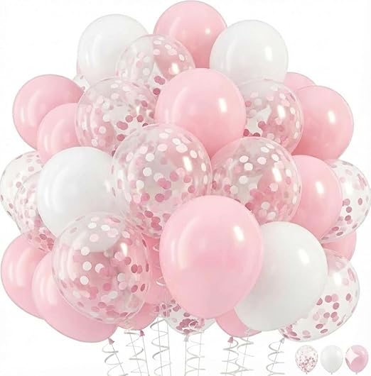 Pink Balloons - 50 Pcs Set of 30 Pink, 10 White, 10 Pinky and White Confetti Balloons, 2 Ribbon for Bridal Shower, Baby Shower, Birthday Party, Gender Reveal, Wedding Decorations