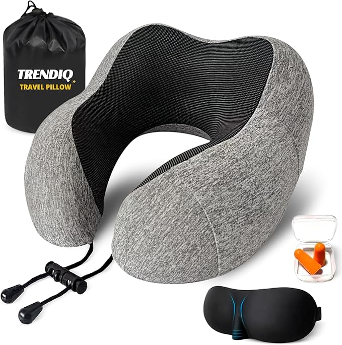 Travel Pillow for Airplane- Premium Memory Foam with 100% Pure Cotton Cover Neck Pillow for Travel- Adjustable U-Shaped Flight Pillow with Eye Mask, Ear Plugs, Carry Bag & Carabiner Clip