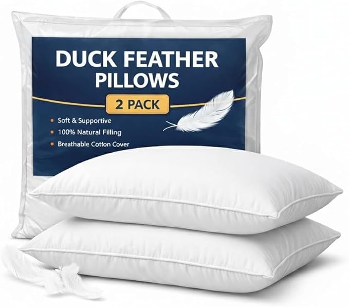 Adam Home Duck Feather Pillows 2 Pack Hotel Quality (Standard Size) - Luxury Down Pillows Extra Soft Filling Filled in 100% Cotton Cover (White, 48 * 74)