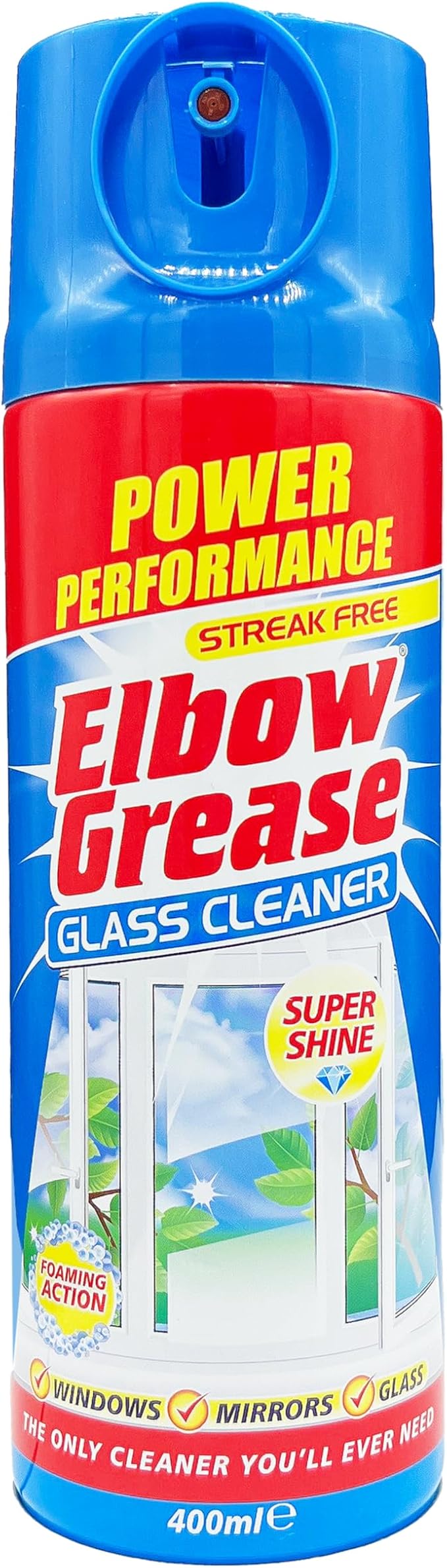 Elbow Grease Glass Cleaner Aerosol - Super Shine, Foaming Action | Cleans Windows, Mirrors, Glass - Streak Free (400ml)