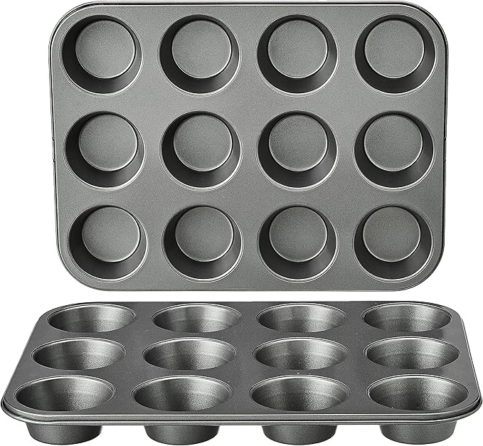 Amazon Basics Nonstick Round Carbon Steel Muffin Pan, 2-Pack, Grey, 13.9x10.55x1.22"