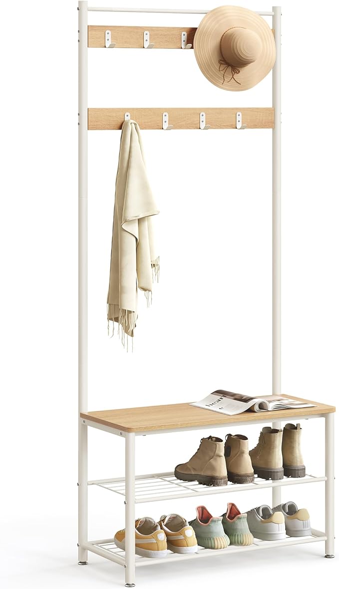 VASAGLE HSR041W09 3-in-1 Steel Frame Coat Rack with Shoe Shelf Hallway Modern Style Oak and Cream