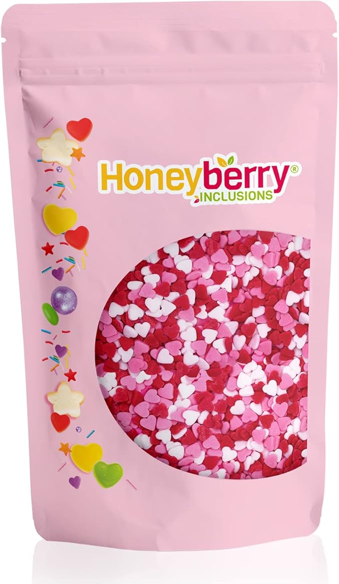 HONEYBERRY INCLUSIONS Pink Red White Hearts 200g - Premium Edible Decorating Sprinkles for Baking, Cupcake and Cake Decorations, Ice Cream, Dessert and Icing Decoration Toppers