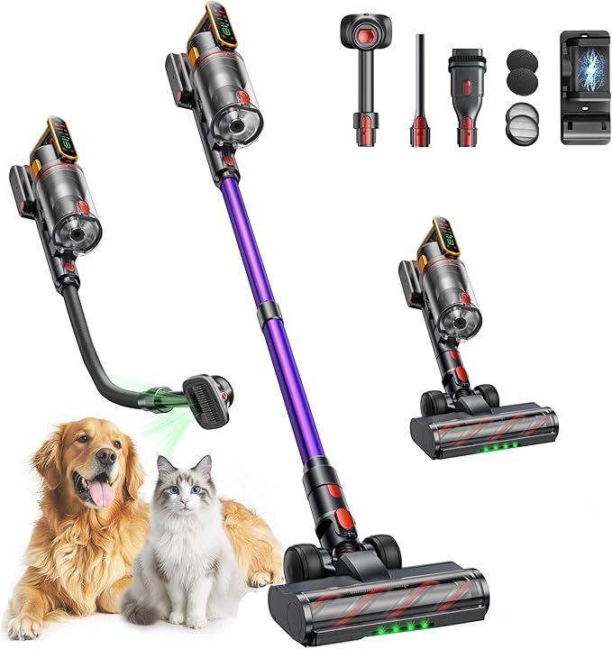 Cordless Vacuum Cleaner, 600W 50KPA 65Mins Cordless Stick Vacuum with Touch Screen AUTO-Mode, Pet Tool &1M Hose, Wall-Charging, Fragrance Release, Powerful Vacuum for Floors/Carpets/Pet Hair UK Homes