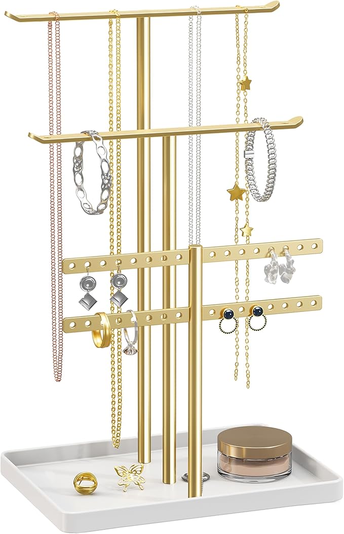 Jewelry Stand Organizer, 32cm Tall Sturdy Metal, 3-Tier Jewelry Holder for Necklace, Earring, Bracelet, Ring, Hanger for Display and Storage, Aesthetic Room Decor, Gold Jewlery Stand with White Tray