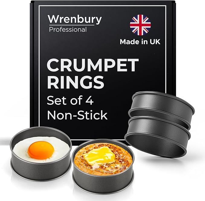 Wrenbury Crumpet Rings Non Stick Set of 4 - Egg Cooking Rings for Frying 9 cm - English Muffin Pancake Moulds for Pastry - Easy to Clean Carbon Steel - Made in England