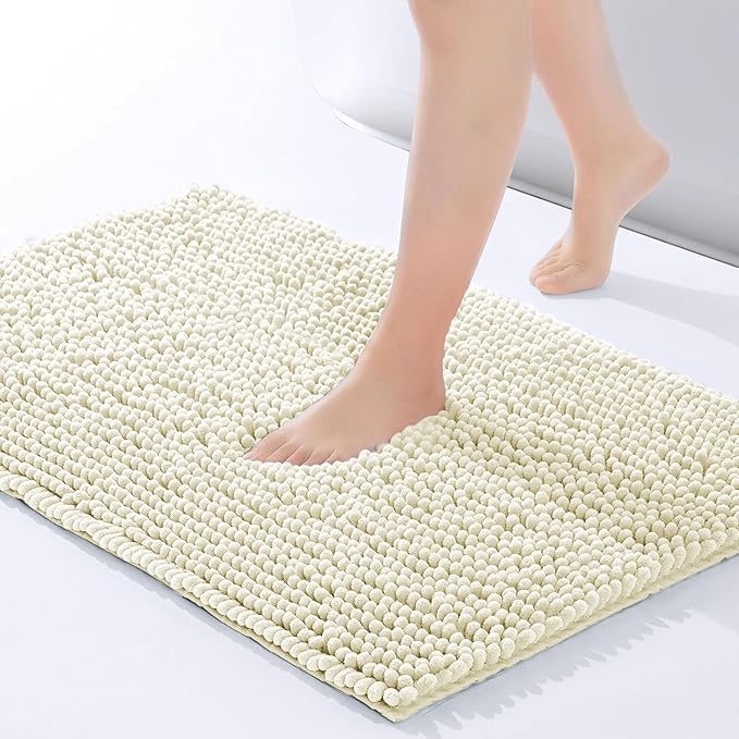 Hafaa Bath Mat Non Slip Anti Mould – Cream Chenille Bathroom Mat 40 x 60 cm Machine Washable Bath mats Super Absorbent Extra Soft Fluffy Shower mat