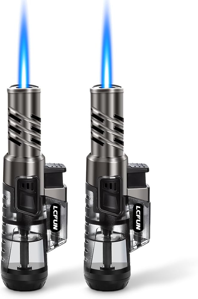 Jet Flame Lighter 2 Pack Windproof Butane Torch Lighter Refillable With Big Visible Gas Tank for BBQ, Candles, Camping, Hiking, Outdoors, Gifts for Men (Without Butane)