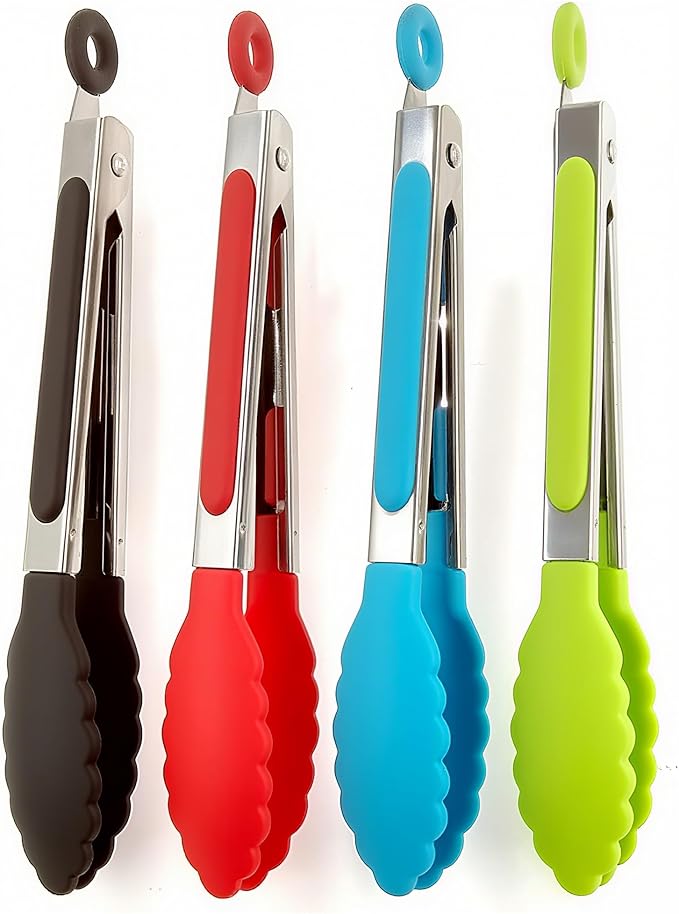 Kitchen Tongs, Set of 4, 7” Non-Slip Stainless Steel Tongs with Locking Clip for Cooking, BBQ, Serving, Heat Resistant, Food Grade