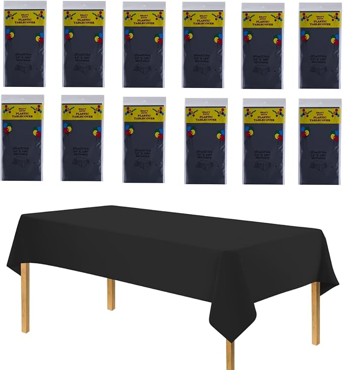 12-Pack Black Plastic Table Cover – 274 x 137cm Rectangular Tablecloth, Solid Color Party Tablecloths, Ideal for Party, Wedding, Catering & Buffets