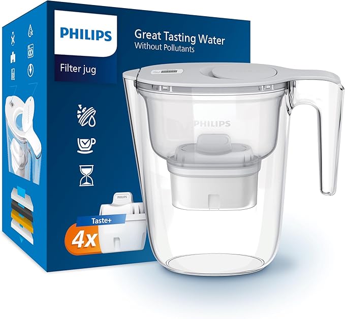 Philips Water Filter Jug +4 Taste+ Replacement Filter Cartridges, Fast flow, White, 2.6 litres, Electronic timer, Packaging May Vary