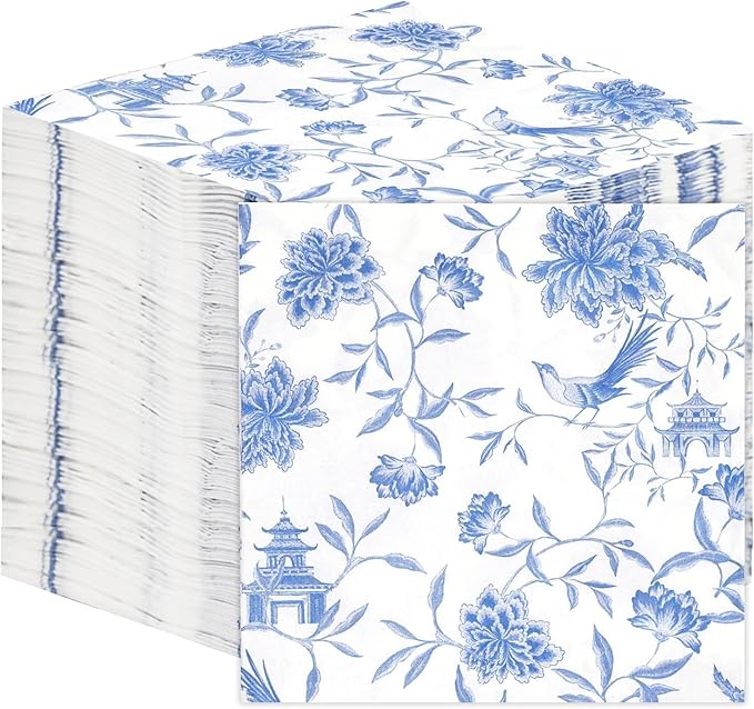 Table Kind 100 x Bulk Pack Soft Blue Chinoiserie Paper Napkins, Disposable Party Serviettes for Birthday, Weddings, Hen, Everyday Tableware, Catering, Picnics, Recyclable Made in EU 2ply 33cm