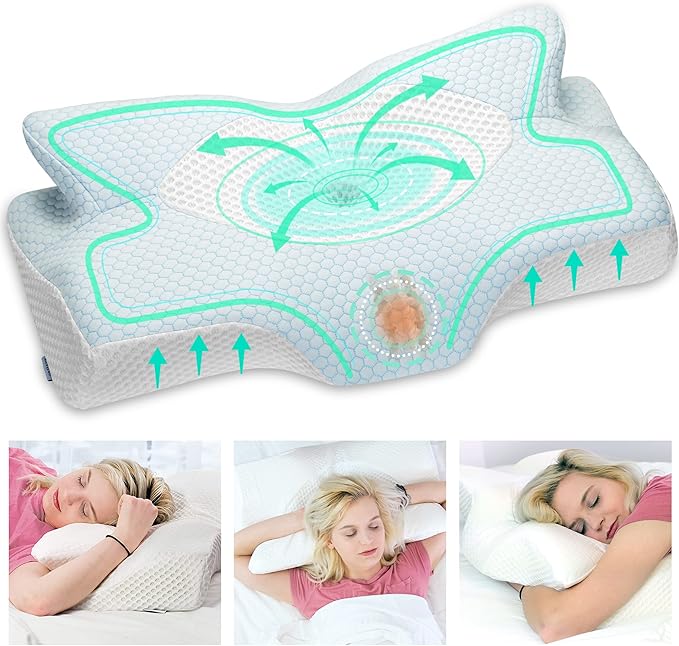 Elviros Cervical Memory Foam Pillow for Neck Pain Orthopedic Neck Pillow for Shoulder Pain Ergonomic Head Neck Support Pillow for Side/Back/Stomach Sleepers with Removable Cover (Blue)